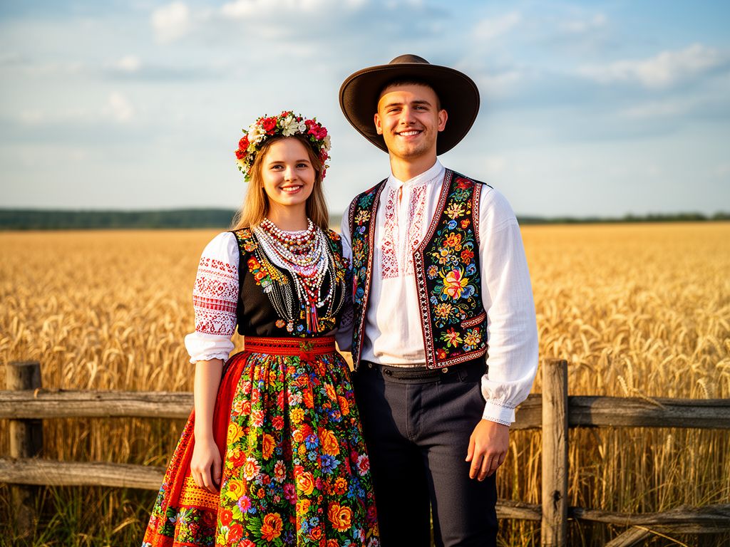Młoda para w tradycyjnych strojach dożynkowych na tle pola pszenicy i drewnianego płotu.