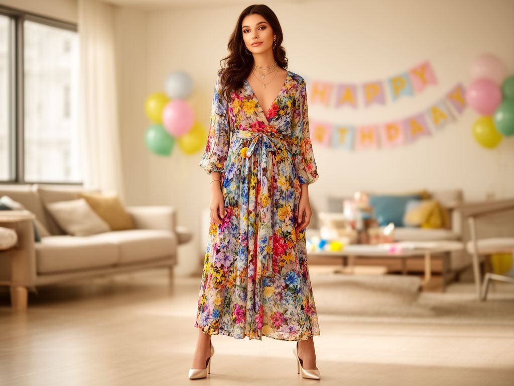 Młoda kobieta w kwiecistej sukience pozująca w jasnym mieszkaniu z dekoracjami urodzinowymi w tle