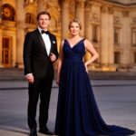 Elegancka para przed historyczną salą koncertową, ubrana na koncert muzyki klasycznej.