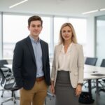 Młody mężczyzna i kobieta w smart casual stoją w jasnej sali konferencyjnej, naturalne światło, biuro.