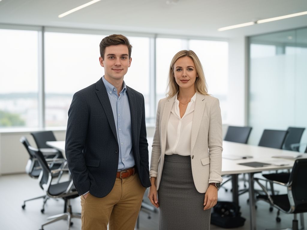 Młody mężczyzna i kobieta w smart casual stoją w jasnej sali konferencyjnej, naturalne światło, biuro.