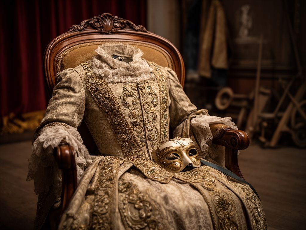 fotorealistyczne ujęcie kostiumu teatralnego na vintage krześle w garderobie z maską obok