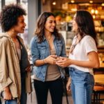 Trzy kobiety w modnych casualowych ubraniach spotykają się w miejskiej kawiarni w naturalnym świetle.