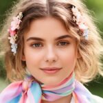 Portret młodej kobiety z naturalnym makijażem i wiosennymi dodatkami do włosów na tle dziennego światła