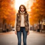 Kobieta w futrzanej kamizelce, swetrze z golfem i wąskich dżinsach, stojąca na miejskiej ulicy jesienią.