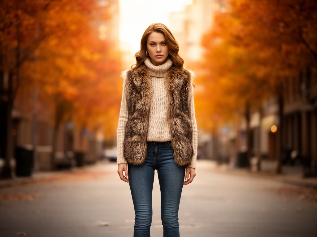Kobieta w futrzanej kamizelce, swetrze z golfem i wąskich dżinsach, stojąca na miejskiej ulicy jesienią.