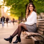 Młoda kobieta w czarnych pończochach i kratkowanej spódnicy siedzi na ławce w park miejskim o zachodzie słońca