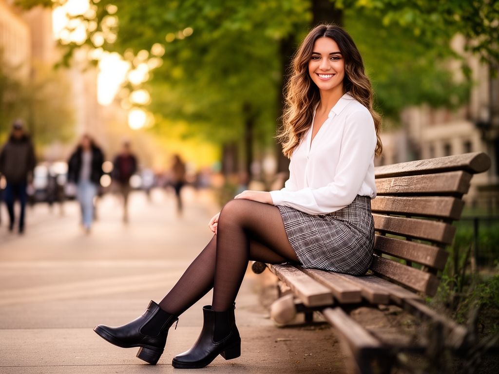 Młoda kobieta w czarnych pończochach i kratkowanej spódnicy siedzi na ławce w park miejskim o zachodzie słońca