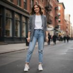 Młoda kobieta w marynarce, białej koszulce i jeansach na miejskiej ulicy w naturalnym świetle.