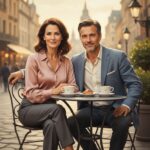 Dojrzała para na randce w kawiarni na zewnątrz, ubrana elegancko, uśmiechnięta, w ciepłym miejskim otoczeniu